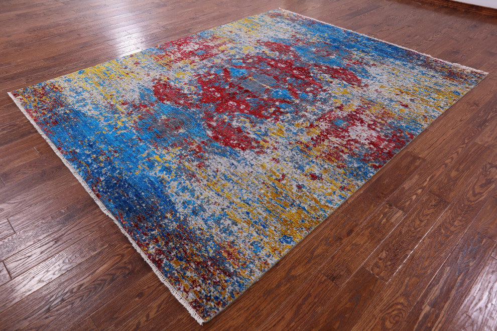 Abstract Hand Knotted Wool and Silk Rug 8' 1" X 10' 2" Q11849