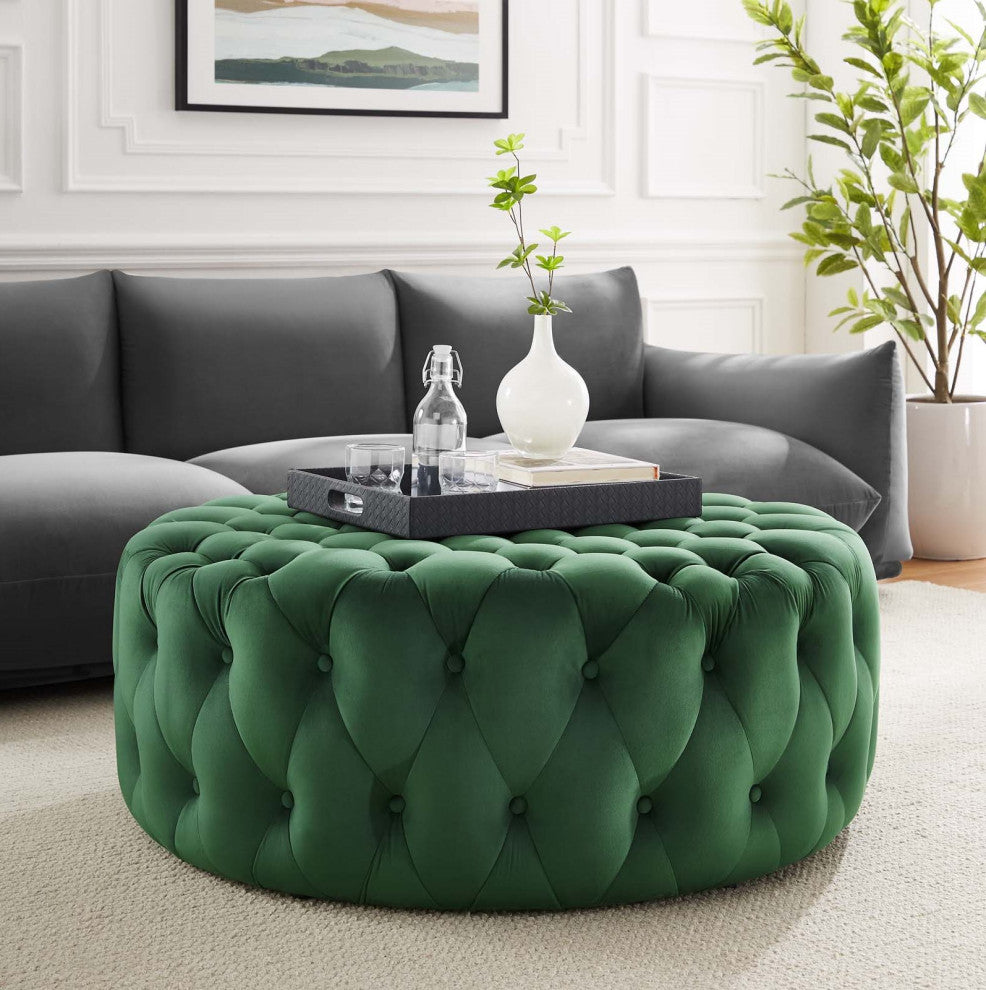 Round Ottoman Accent Tufted Chair, Green, Velvet, Modern, Lounge Hospitality