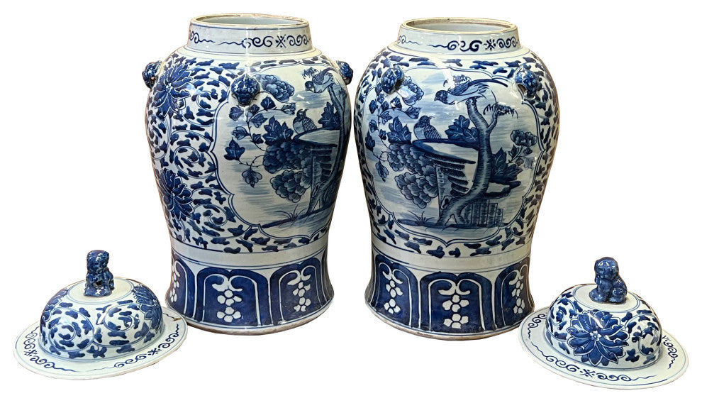 Pair of Chinese Blue White Porcelain Flower Bird Graphic Temple Jars Hws2550