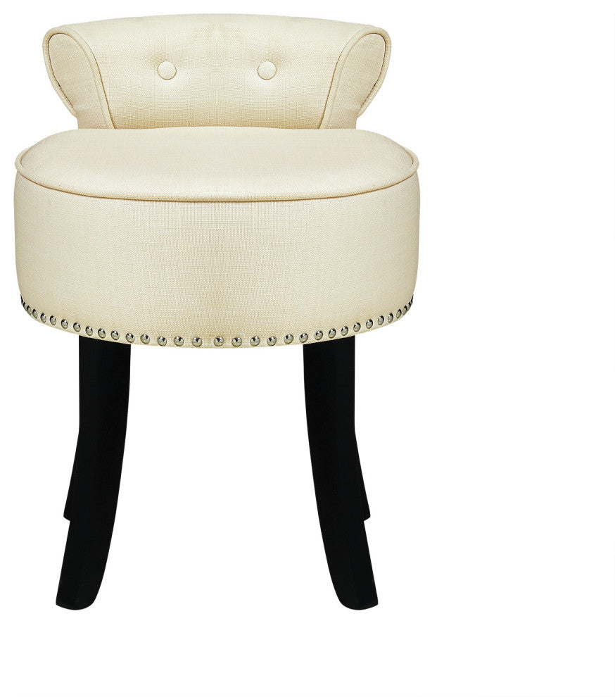 Ludovic Linen Contemporary Nailhead Trim Rolled Back Vanity Stool, Cream White