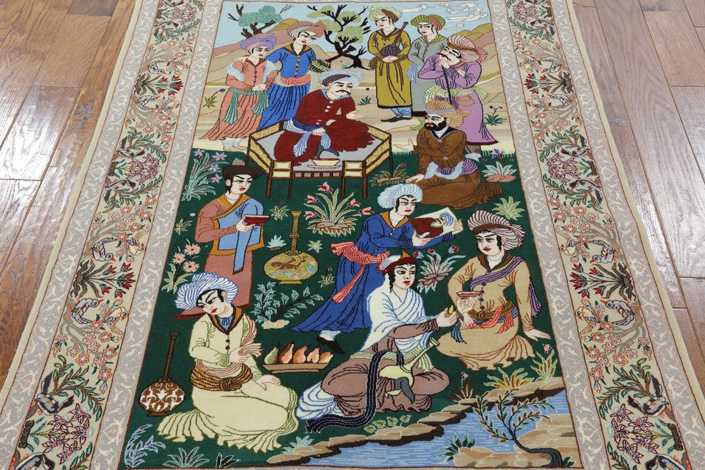 Authentic Persian Isfahan Pictorial Scene Hand Knotted Wool and Silk Rug, 4x6