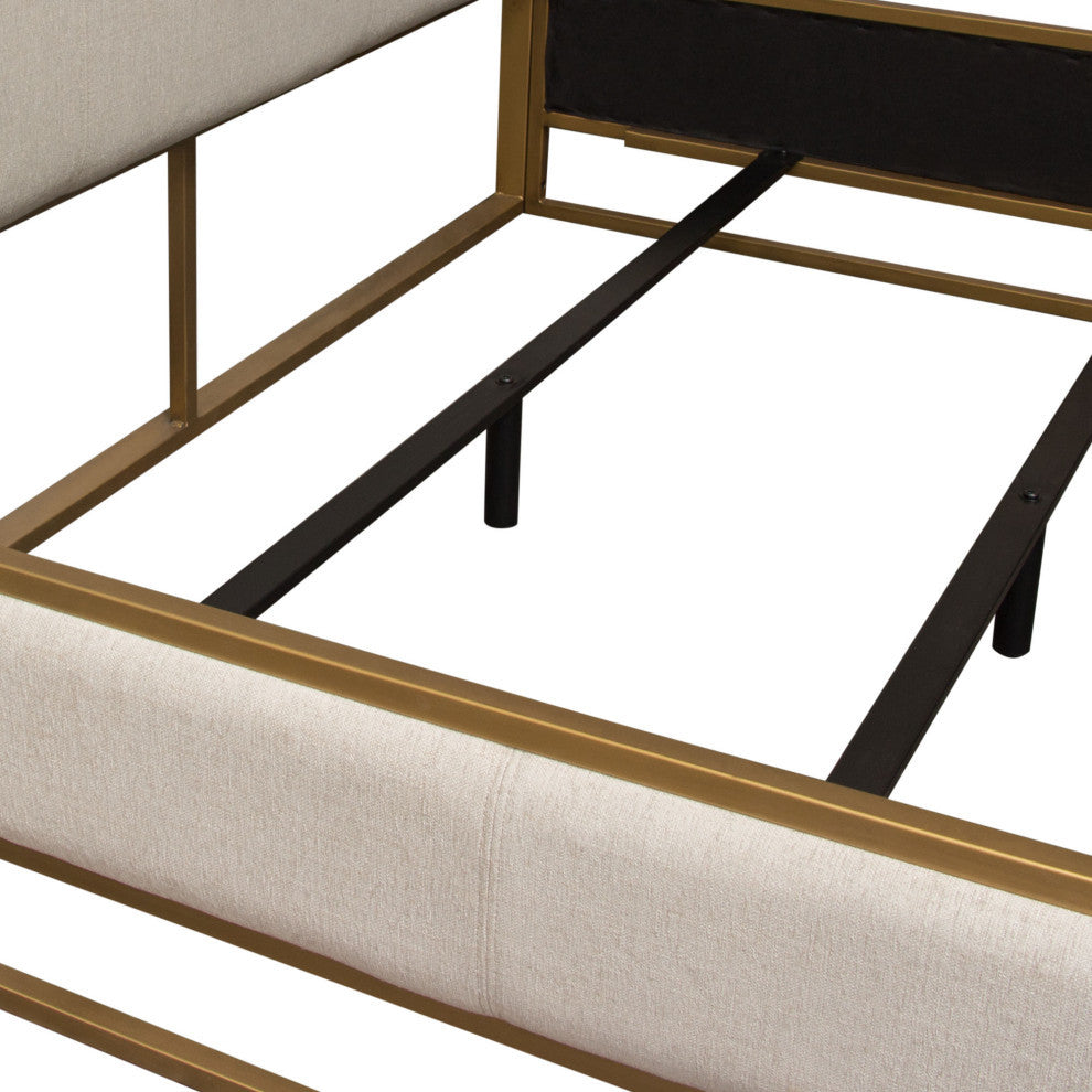 Empire Eastern King Bed, Sand Fabric With Hand brushed Gold Metal Frame