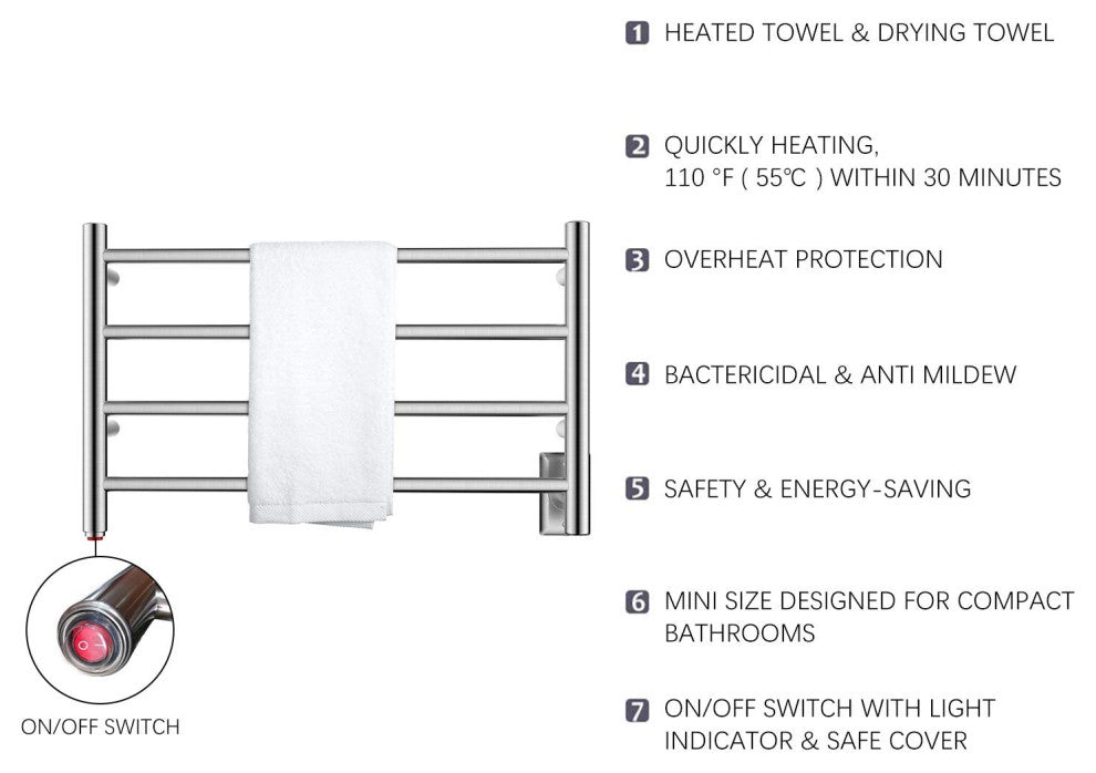 HEATGENE 4 Bar Wall-Mounted Plug-in / Hard-wiring Towel Warmer, Brush Polish
