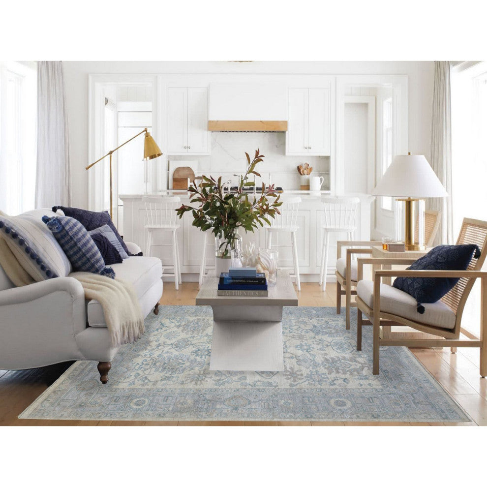 Afghan Angora Oushak Ivory-Blue Organic Wool Hand Knotted Rug, 7'10" x 10'0"