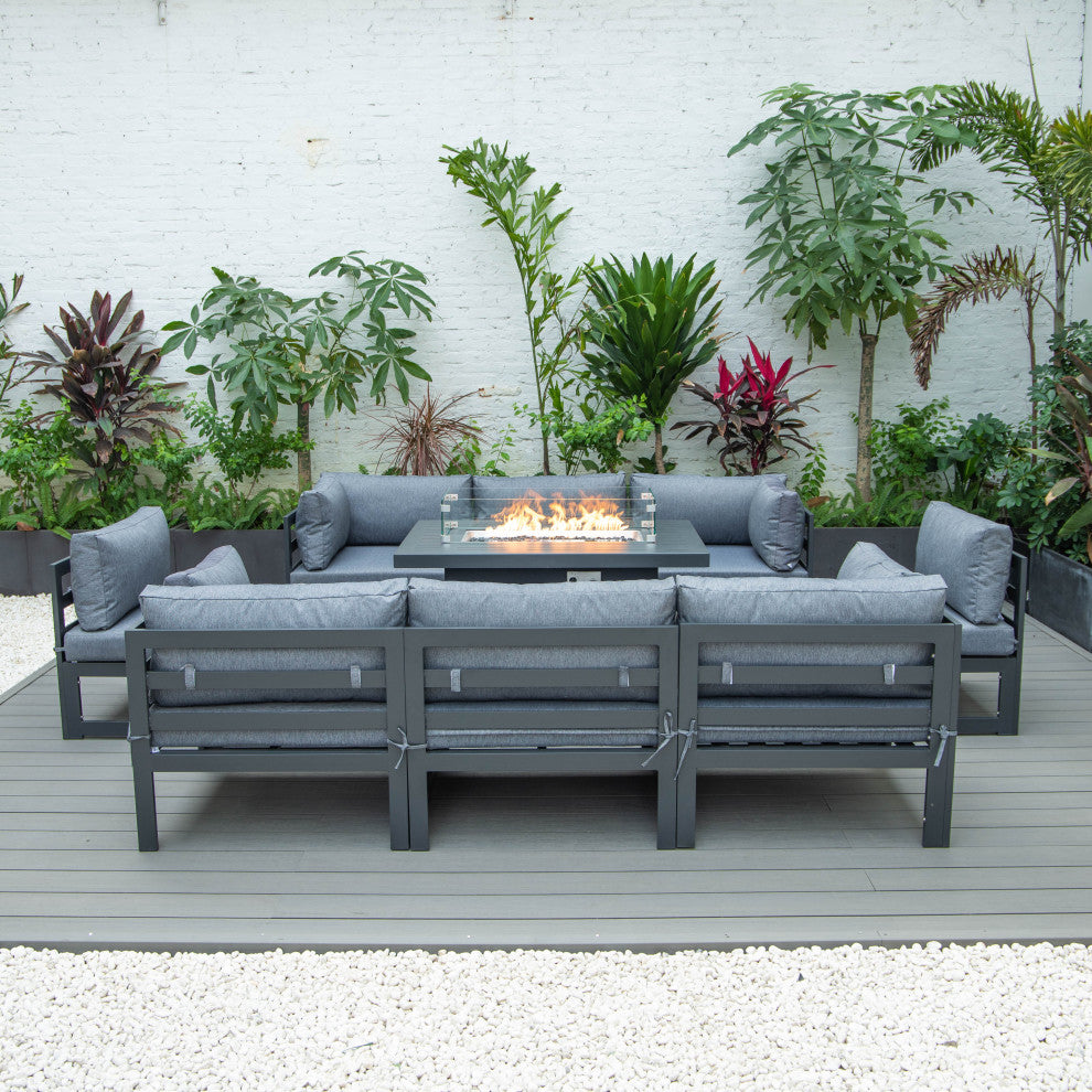 LeisureMod Chelsea 9-Piece Patio Sectional With Fire Pit Table, Blue