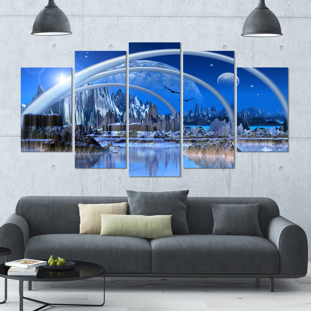 Blue Fantasy Landscape, Landscape Canvas Art Print, 60"x32", 5 Panels
