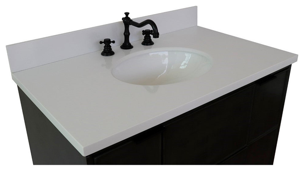 37" Single Wall Mount Vanity, Linen Gray Finish With White Engineered Stone Top