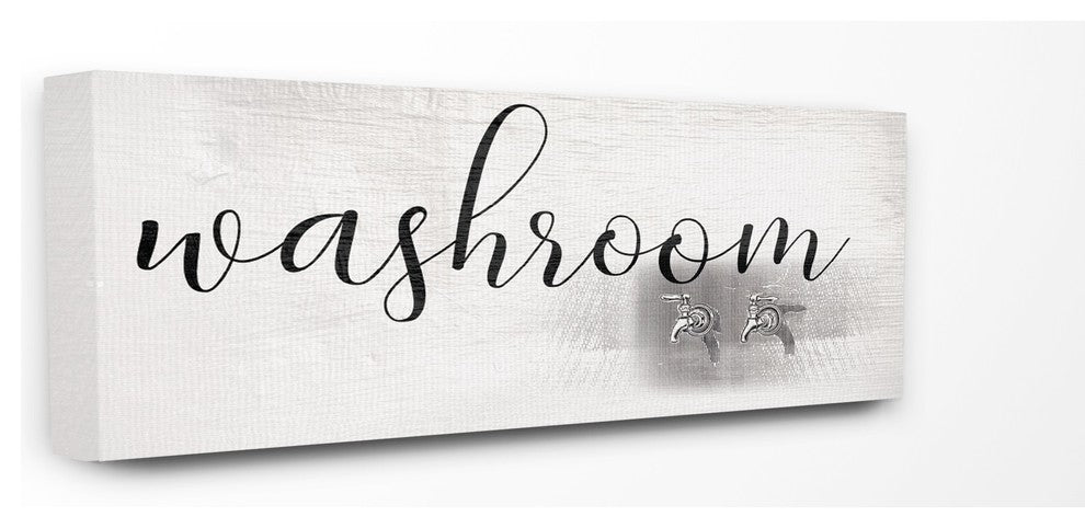 Washroom Faucet Illustration Script Typography Sign Canvas Wall Art, 10"x24"