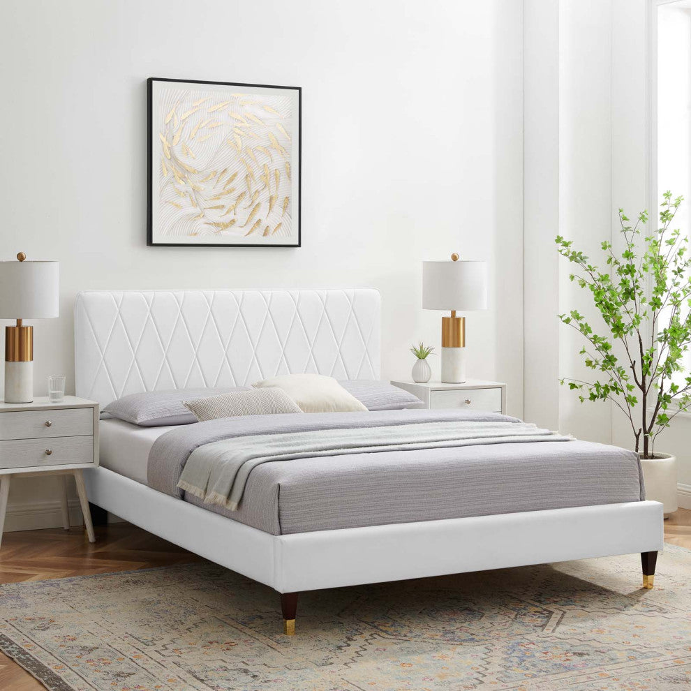 Platform Bed Frame, Full Size, Velvet, White, Modern Contemporary, Bedroom