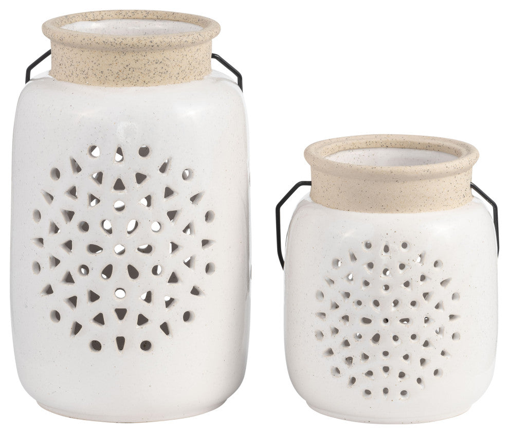 Ceramic 9"H Flower Cut Out Lantern, Ivory