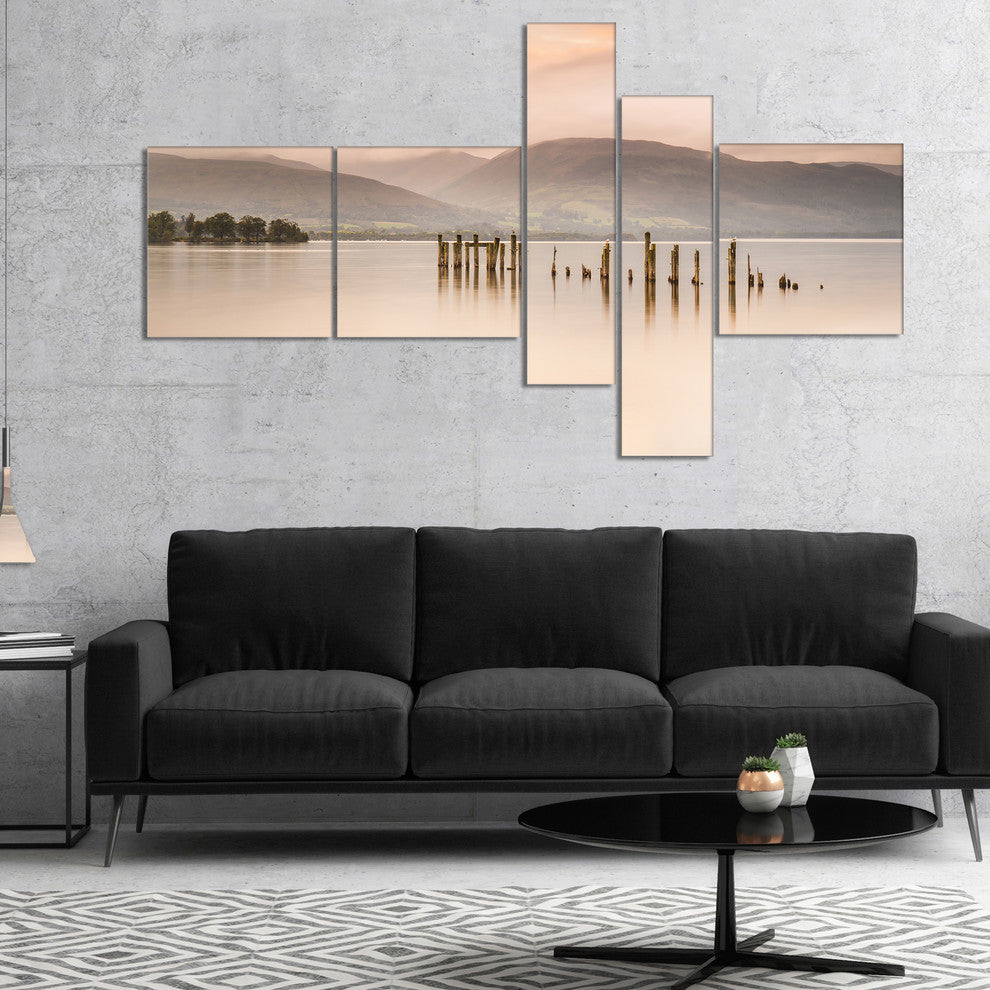 Loch Lomond Jetty and Mountains, Landscape Canvas Art, 60"x32", 5 panels