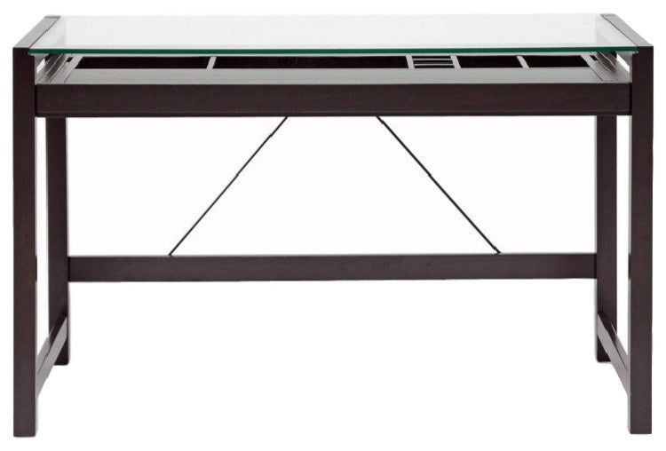 Idabel Dark Brown Wood Modern Desk With Glass Top