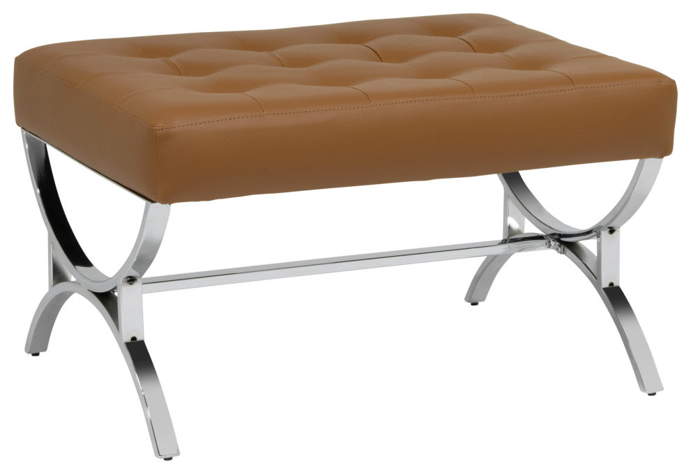 Newel Modern Square Ottoman Blended Leather and Chrome Metal Frame Caramel