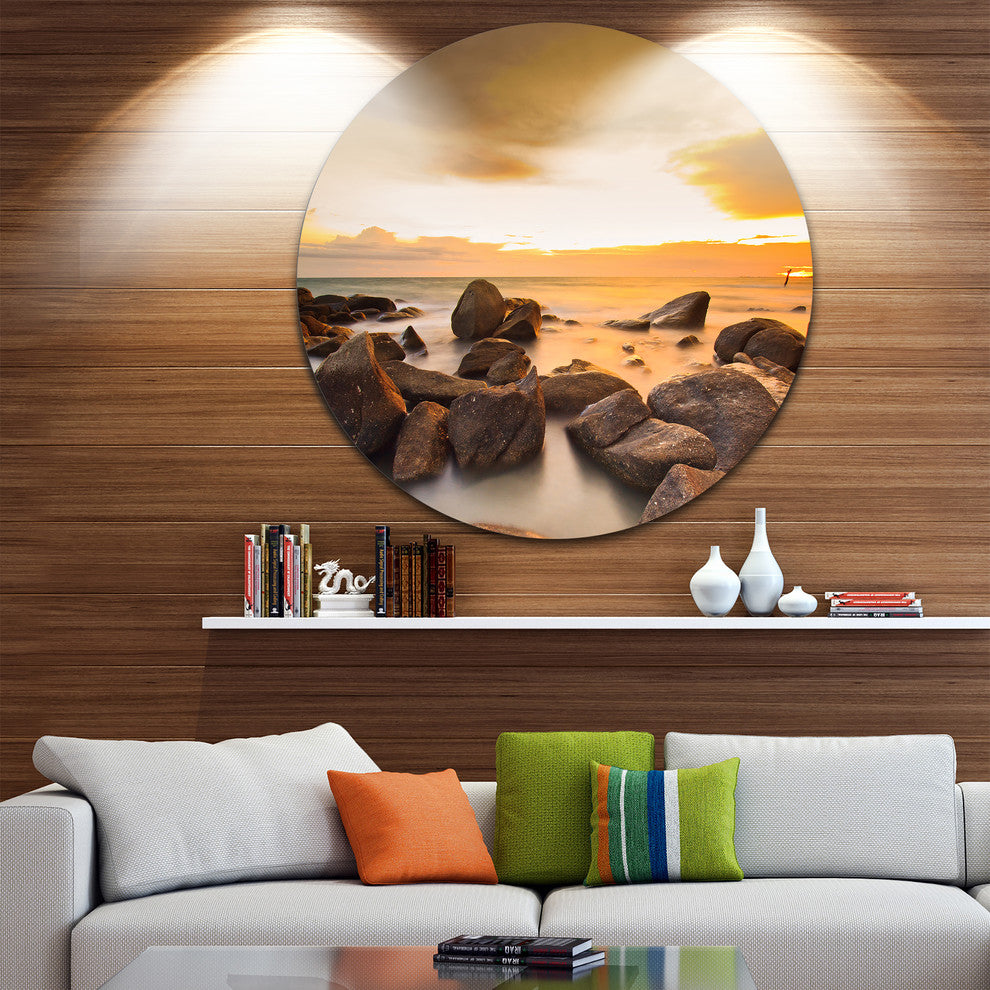 Rocky Yellow Tropical Beach, Seashore Disc Metal Wall Art, 36"