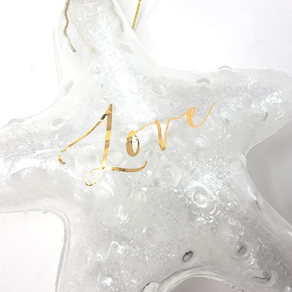 Coastal Clear Starfish Ornament Art Glass Gold Holiday 4 in Sparkly, Clear/White - Love