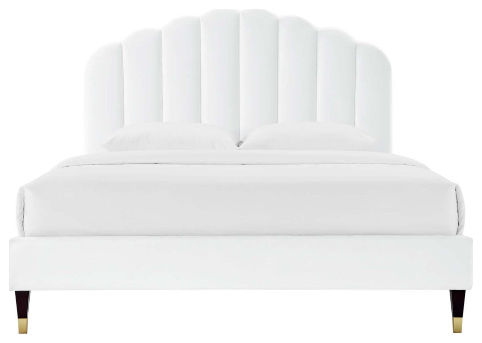 Platform Bed Frame, Queen Size, White, Velvet, Modern, Bedroom Guest Suite