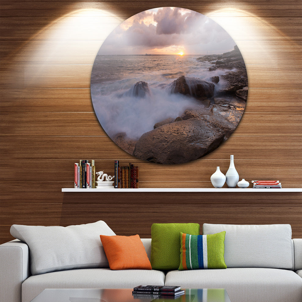 Waves Hitting Rocks In Australia Coastline, Circle Metal Wall Art, 11"