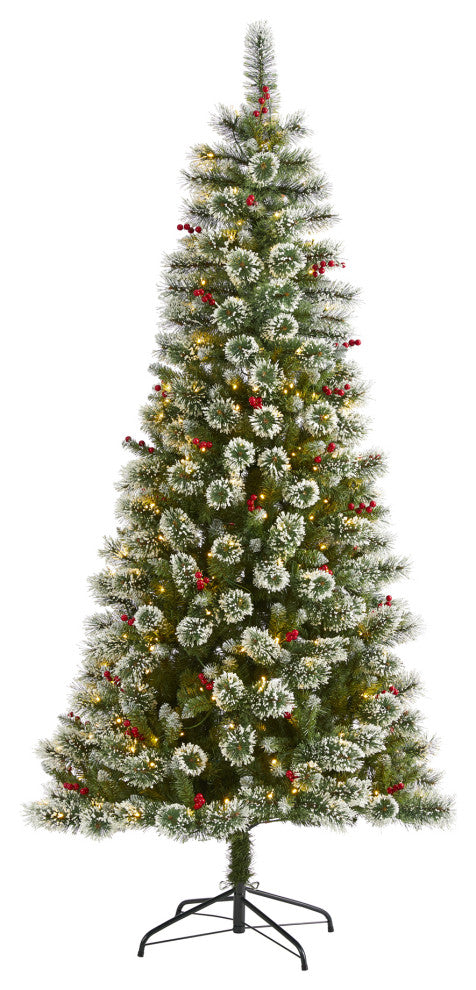 7' Frosted Swiss Pine Faux Christmas Tree With 400 Clear LED Lights and Berries