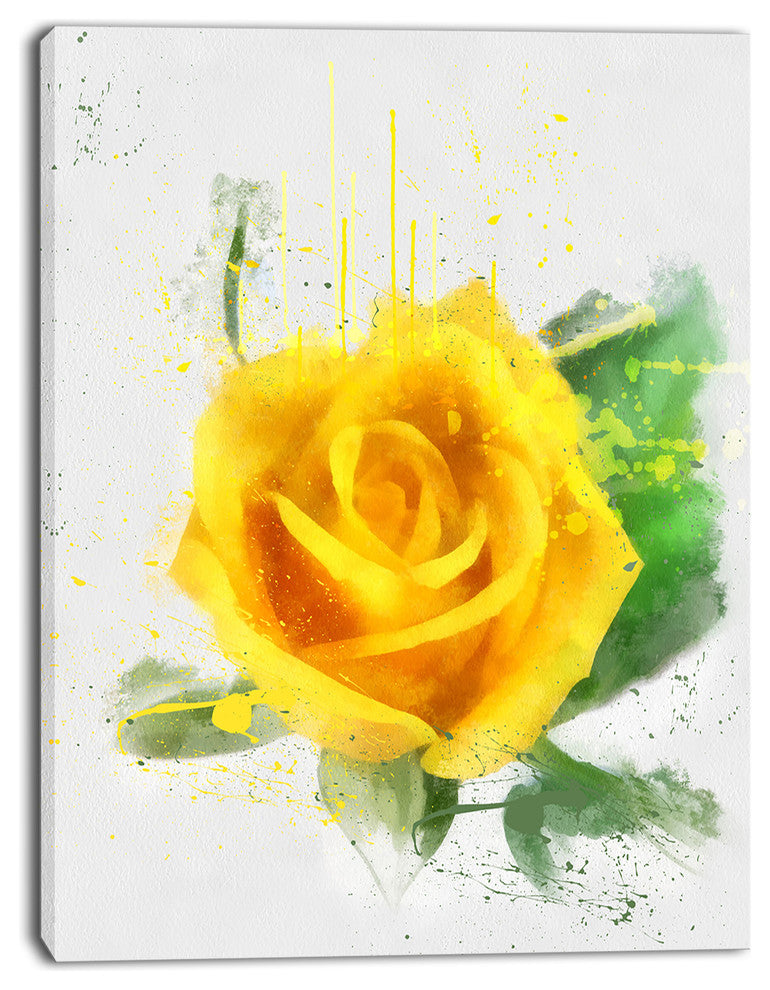 Yellow Rose with Green Leaves Sketch, Floral Canvas Art Print, 12"x20"