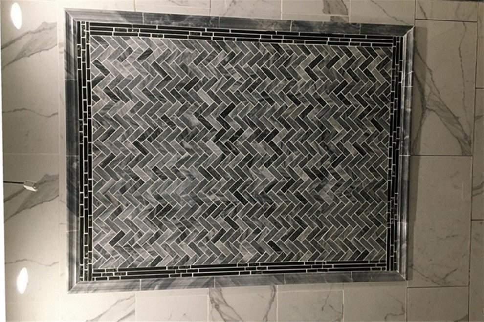 Bardiglio Gray Dark Grey Marble 1x3 Herringbone Mosaic Tile Polished, 1 sheet