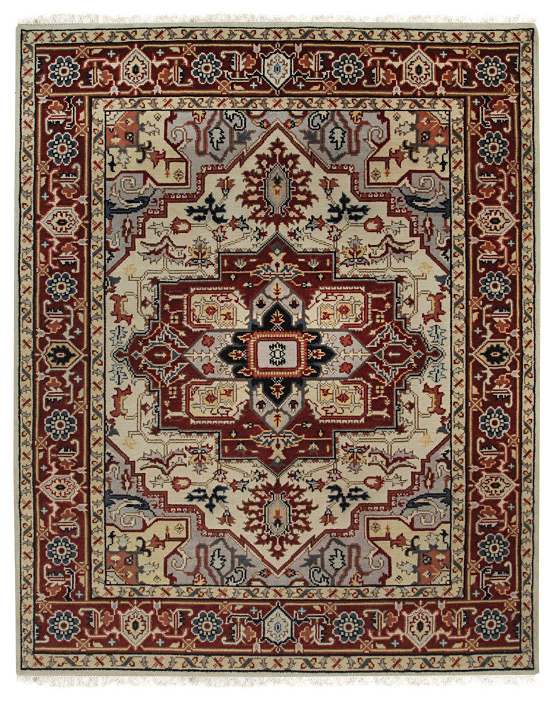 Hand-Knotted Wool Ivory Traditional Medallion Heriz Weave Rug, 6' X 9'