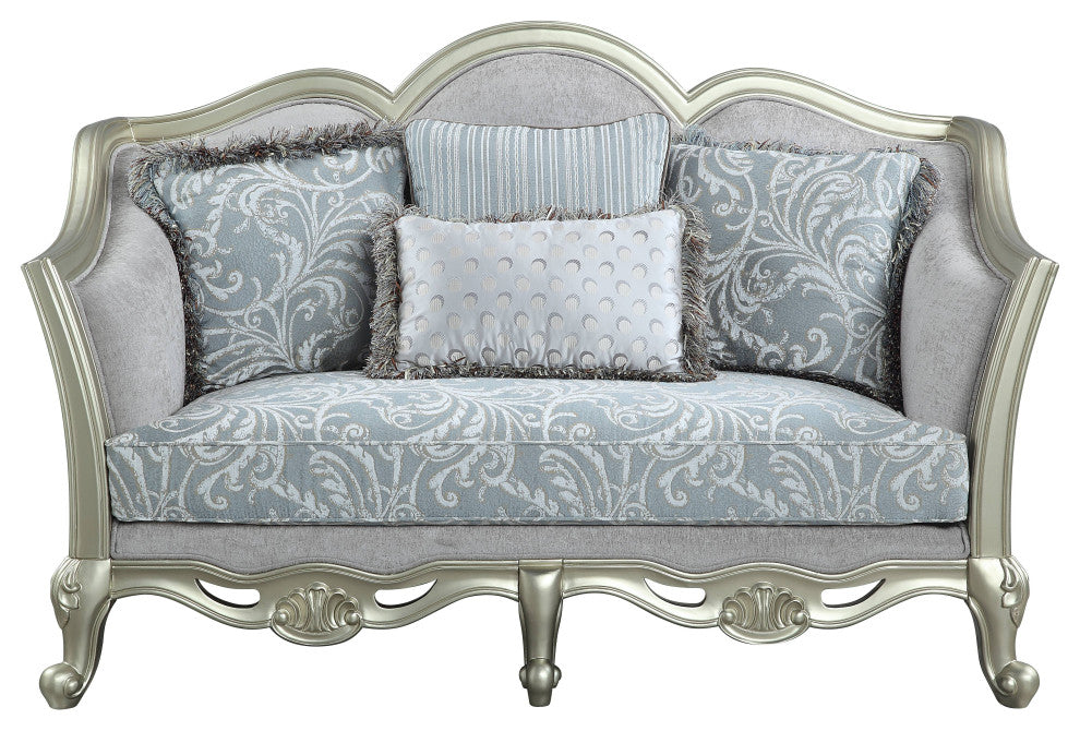 ACME Qunsia Loveseat With 4 Pillows, Light Gray Linen and Champagne Finish