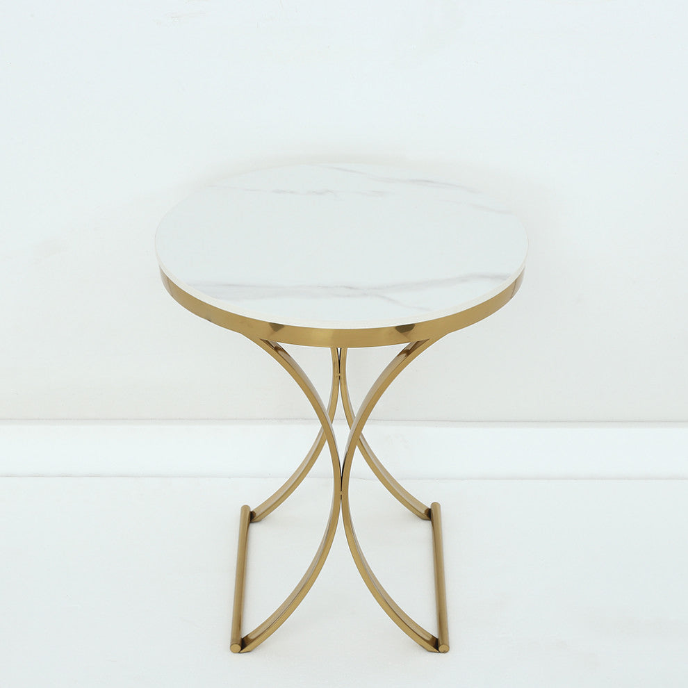 Modern Luxurious Round White Marble Stone Side Table X-Base End Table, White