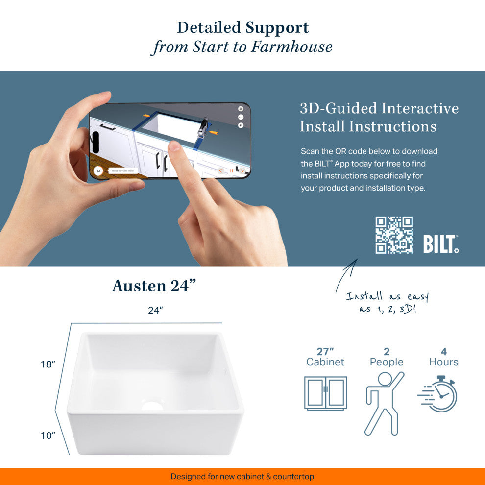 Austen Crisp White Fireclay 24" Single Bowl Farmhouse Undermount Sink