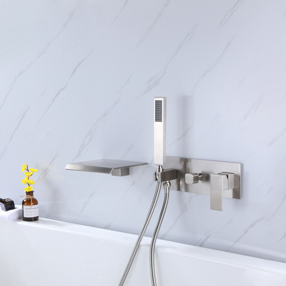 Wall Mounted Pressure Balanced Roman Tub Faucet with Hand Shower, Brushed Nickel