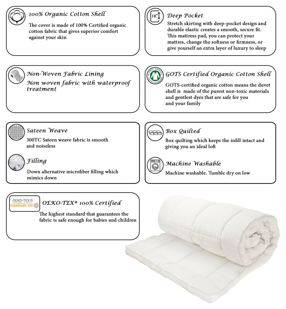 Down Alternative Organic Cotton Shell Mattress Pad, Queen(60"x80")