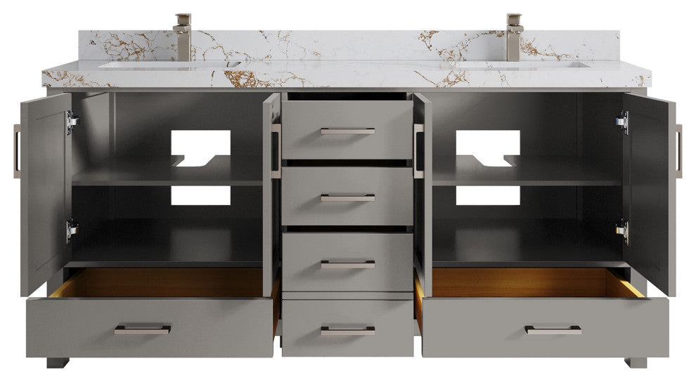 Malibu 72 Double Sink Bath Vanity in Elephant Skin Gray 2" Viola Gold