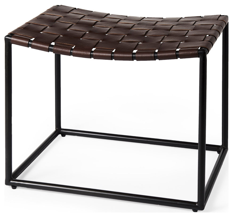 Clarissa Dark Brown Genuine Leather Woven Seat w/Black Metal Frame Stool
