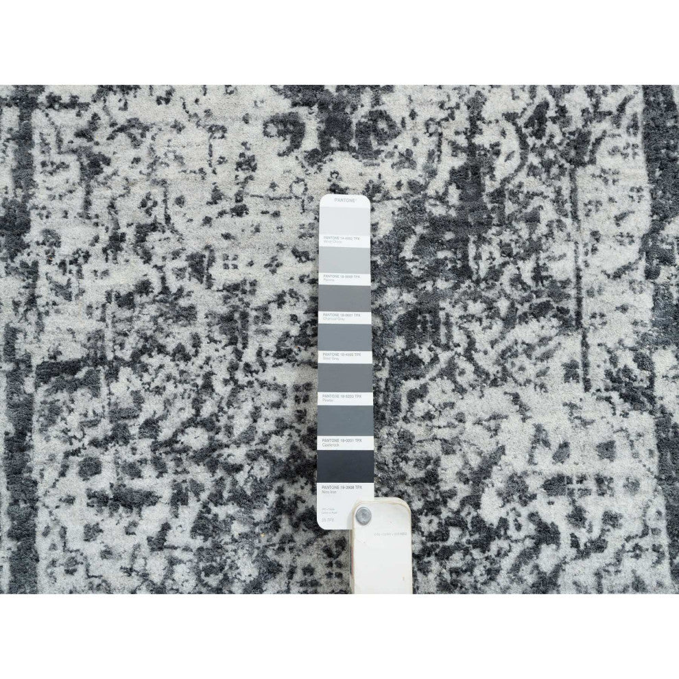 Gray Wool and Silk Hand Knotted Erased Persian Design Runner Rug, 2'7"x12'0"