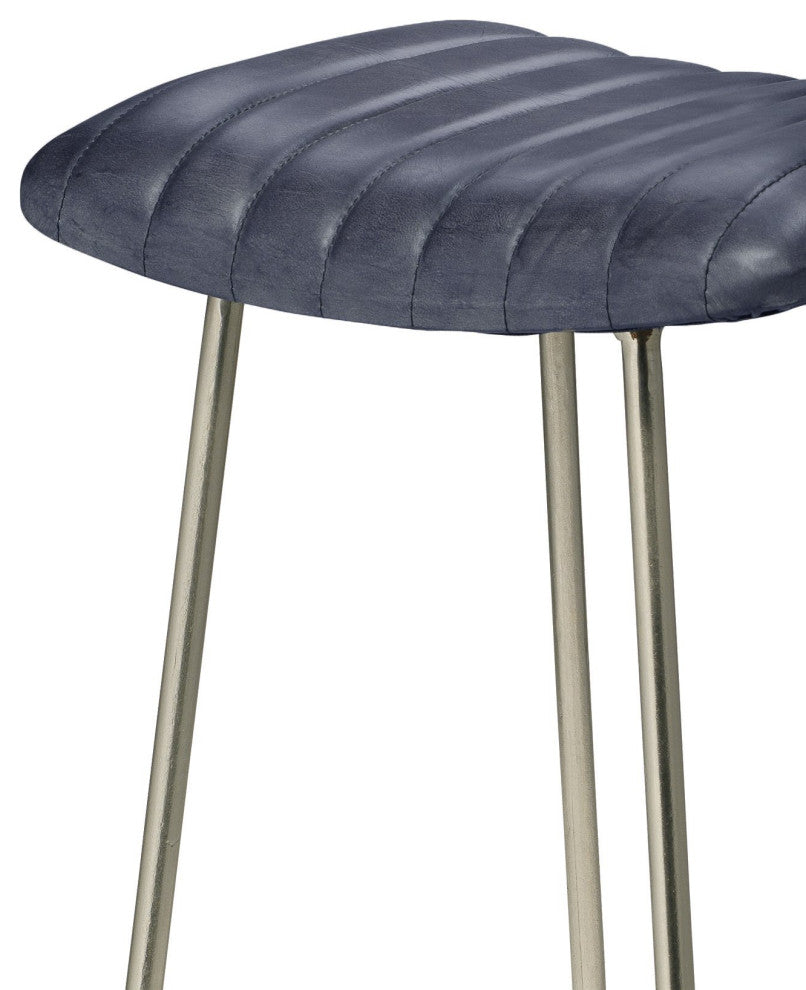Vintage Style Curved Leather Seat Counter Stool Charcoal Gray Retro Ribbed