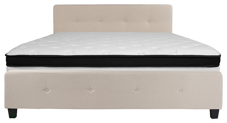 King Size Tufted Upholstered Platform Bed Beige Fabric with Memory Foam Mattress