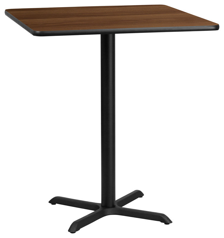 36" Square Walnut Laminate Table Top With 30"x30" Bar Height Table Base