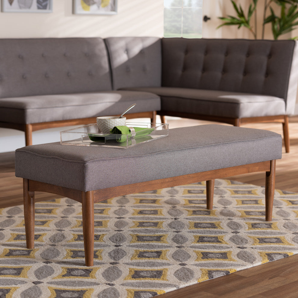 Marleen Mid-Century Modern Gray Fabric Wood Dining Bench