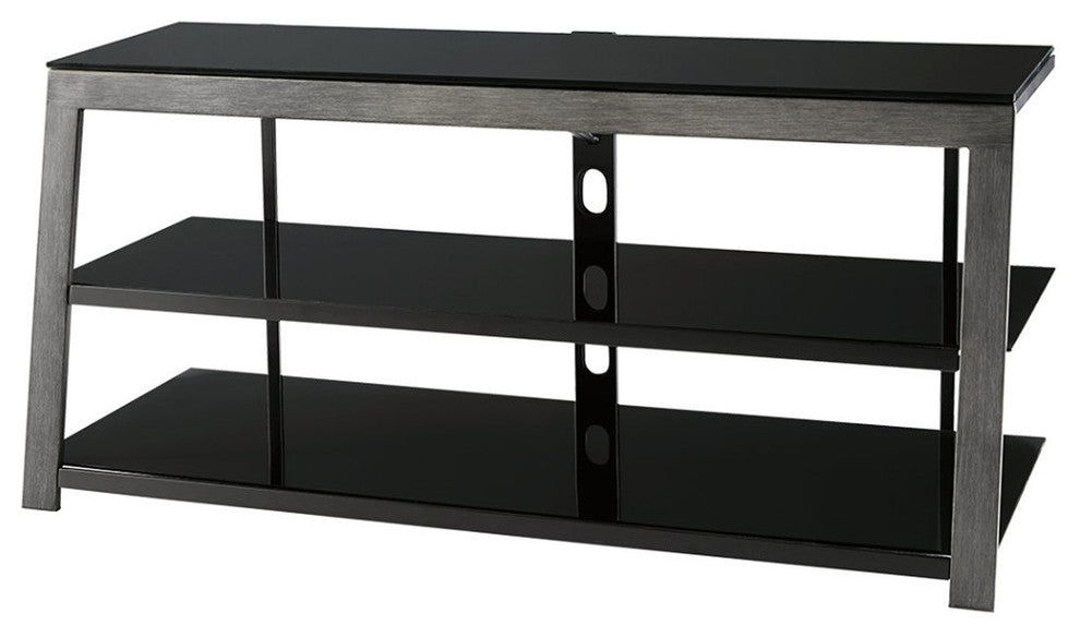 Benzara BM194845 Metal Framed TV Stand with Tempered Glass Shelves, Black & Gray