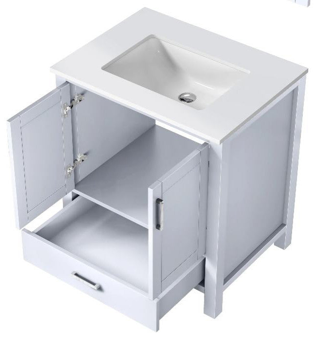 Jacques 30" White Single Square Sink Vanity with Quartz Top, No Mirror
