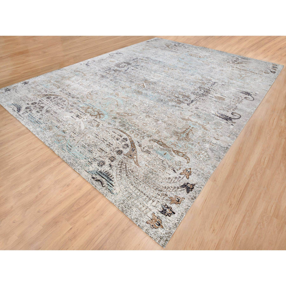 Gray Silk, Textured Wool Hand Knotted Modern Persian Oversized Rug13'9"x18'1"