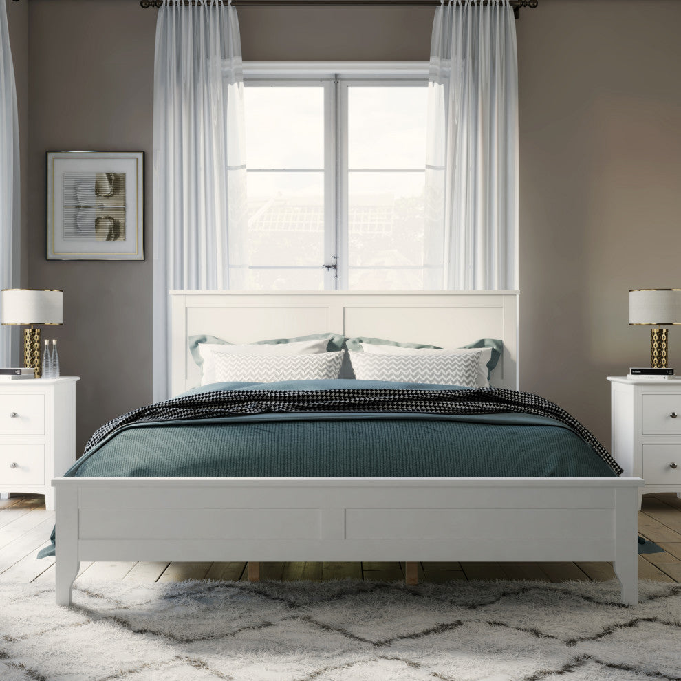 Gewnee Modern White Solid Wood Queen Platform Bed in White