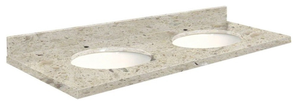 Quartz 61"x22" Double Sink Vanity Top, Single Faucet Hole, Carmel, White Bowl