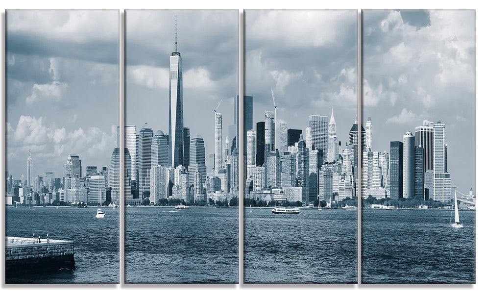 "Lower Manhattan Panorama Black White" Cityscape Wall Art, 4 Panels, 48"x28"