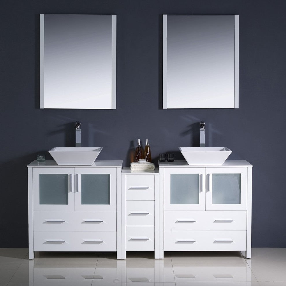 Torino 72" White Modern Double Sink Bathroom Vanity, Faucet FFT3072CH
