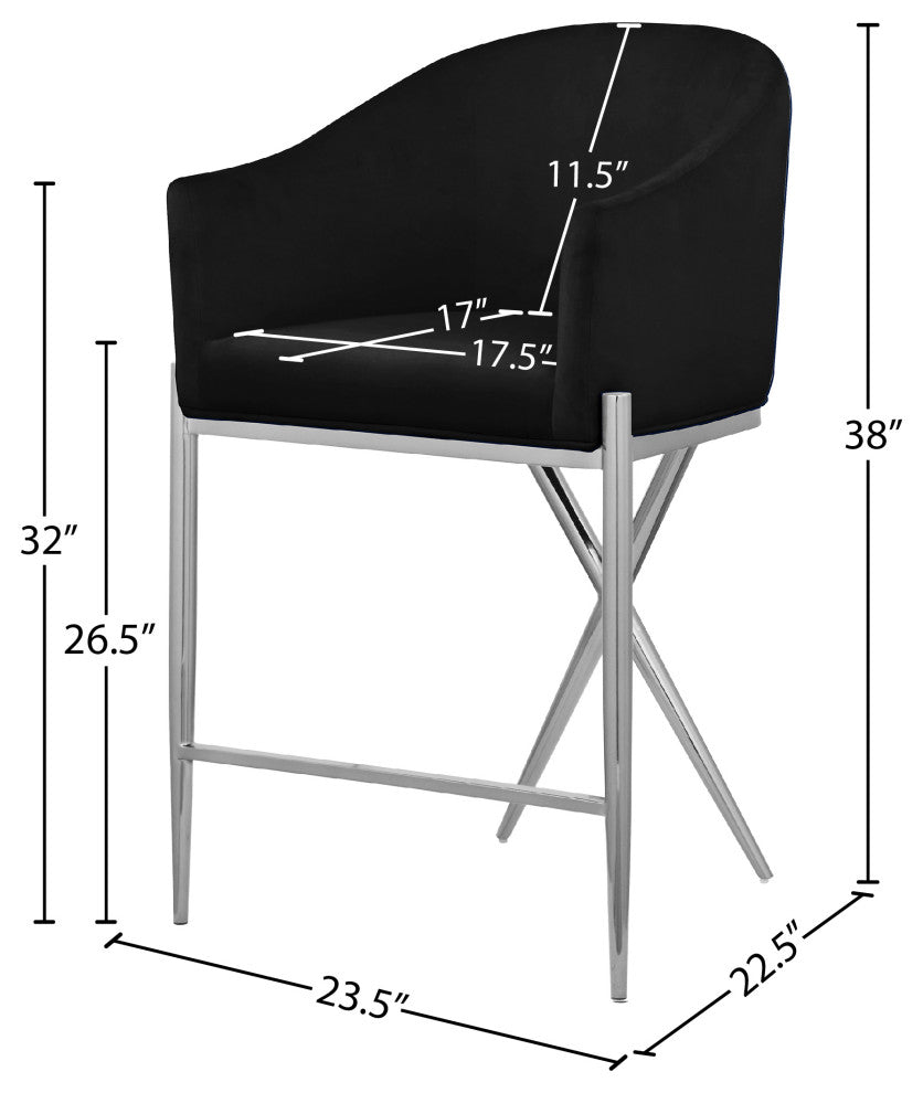 Xavier Velvet Upholstered Counter Height Stool, Black, Chrome Finish