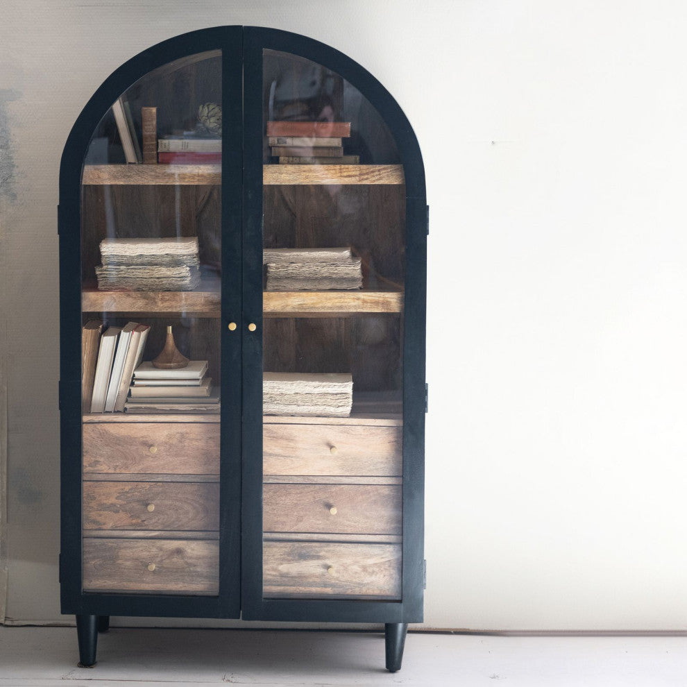 Arched Mango Wood Cabinet With 3 Shelves and 6 Drawers, Black and Natural
