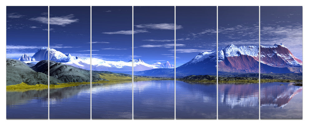 3D Rendered Mountains and Lake, Landscape Canvas Art Print, 83"x32", 7 Panels