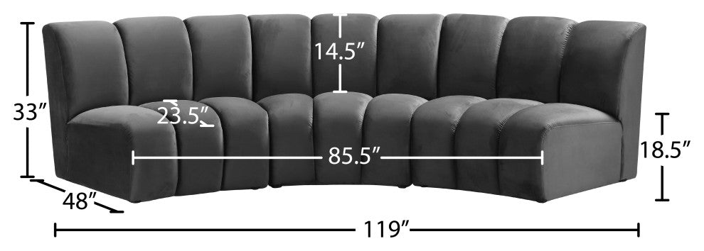 Infinity Channel Tufted Velvet Modular Chair, Gray, 3 Piece