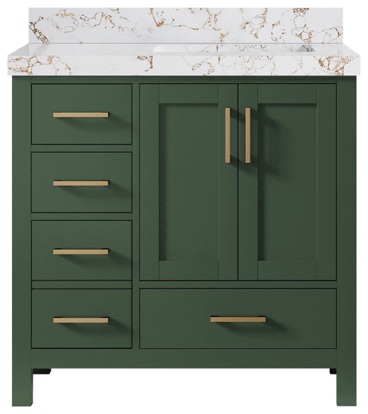 Malibu 36 Right Offset Bath Vanity in Lafayette Green 2" Viola Gold