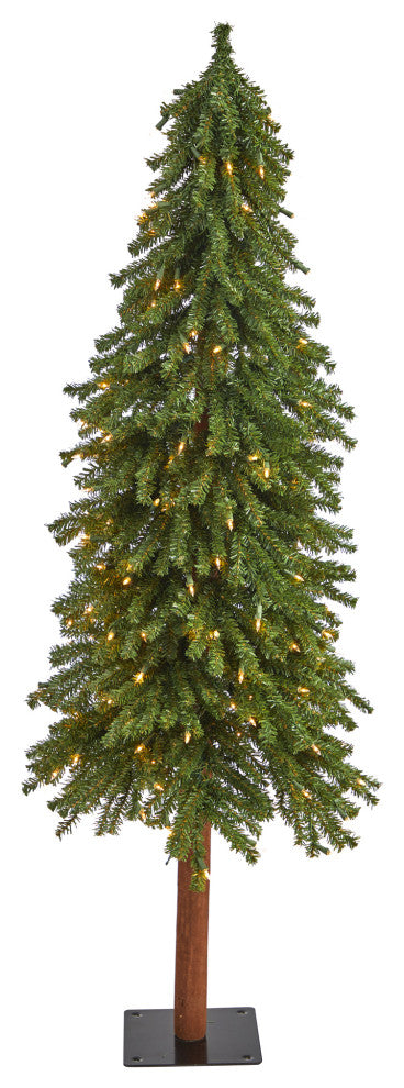 5' Grand Alpine Faux Xmas Tree W/200 Lights & Bendable Branches W/Natural Trunk